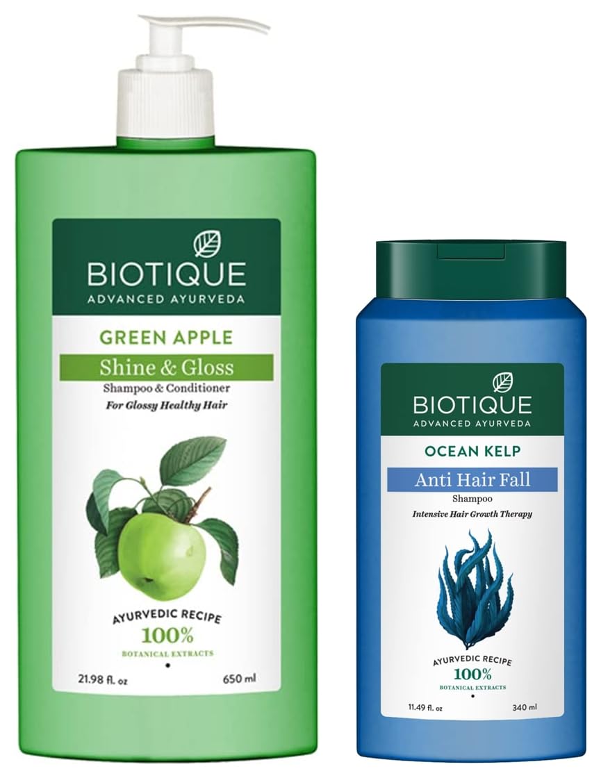 Biotique Bio Kelp Protein Shampoo for Falling Hair Intensive Hair Regrowth Treatment, 340ml And Biotique Bio Green Apple Fresh Daily Purifying Shampoo and Conditioner for Oily Scalp and Hair, 650m