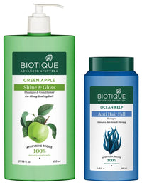 Biotique Bio Kelp Protein Shampoo for Falling Hair Intensive Hair Regrowth Treatment, 340ml And Biotique Bio Green Apple Fresh Daily Purifying Shampoo and Conditioner for Oily Scalp and Hair, 650m
