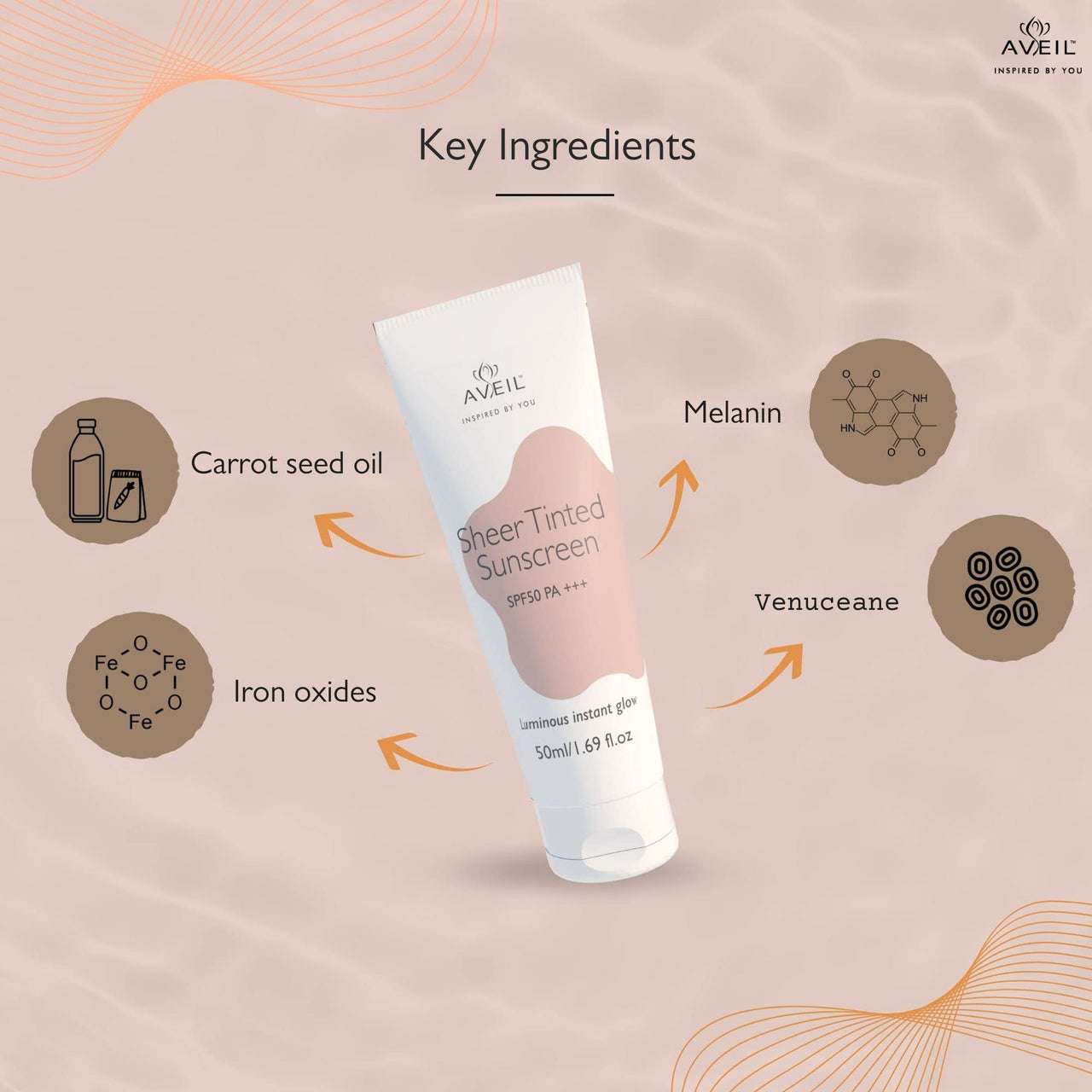 AVEIL Sheer Tinted Sunscreen SPF 50 PA +++ | 50 ml | UVA, UVB & Blue Light Protection | No White Cast | For All Skin Types | Water & Sweat Resistant | Hydrating Sunscreen | Sun-Safe Skin | Pack of 1