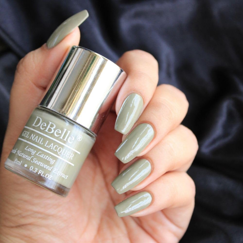 DeBelle Gel Nail Polish Olive Jade(Pastel Olive Green Nail Paint)|Non UV - Gel Finish |Chip Resistant | Seaweed Enriched Formula| Long Lasting|Cruelty and Toxic Free| 8ml