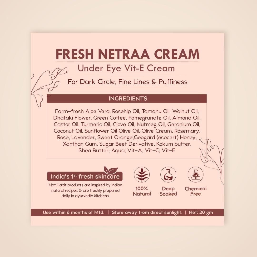 Nat Habit Fresh Netraa Under Eye Cream For Fine lines, Puffiness, Wrinkles & Dark Circles For Men & Women With Vitamin C, Vitamin E, Polyphenols, Omega-3 & Retinol, 20gm