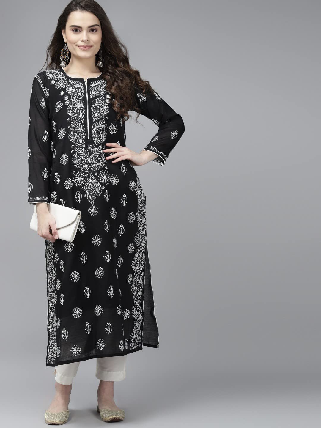 Ada Hand Embroidered New Lucknowi Chikankari Chanderi Kurta Kurti for Women A411175