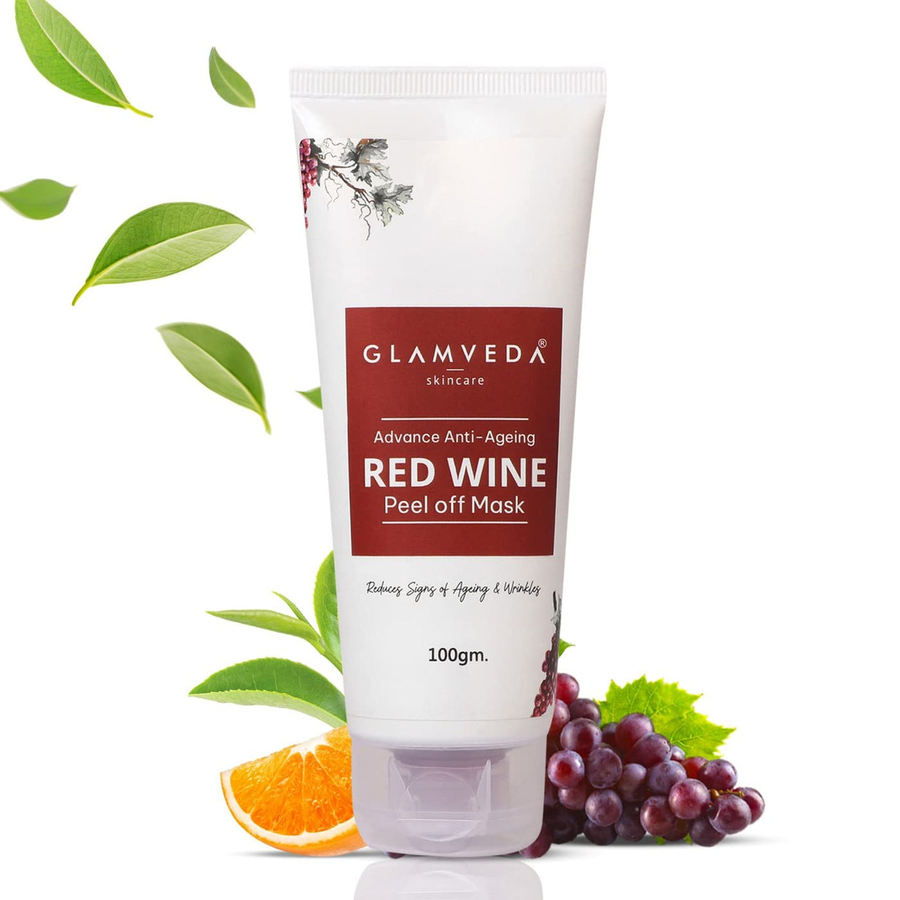 GLAMVEDA Red Wine Peel Off Mask - Anti-Aging, De-Tan & Glowing Skin Treatment. Removes Blackheads, Dark Spots, Minimizes Wrinkles, Suitable for All Skin Types, 100g