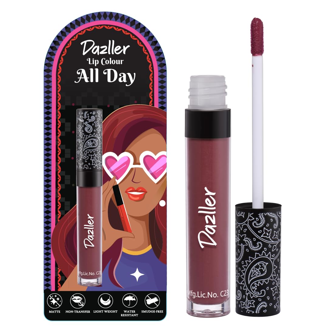 DAZLLER All Day Lipcolour|Moisturizing Kokum Butter|Non-Transfer & Smudge-Proof|8Hr Stay|Matte Liquid Lipstick for Women|Dlc004 Burgundy|6G