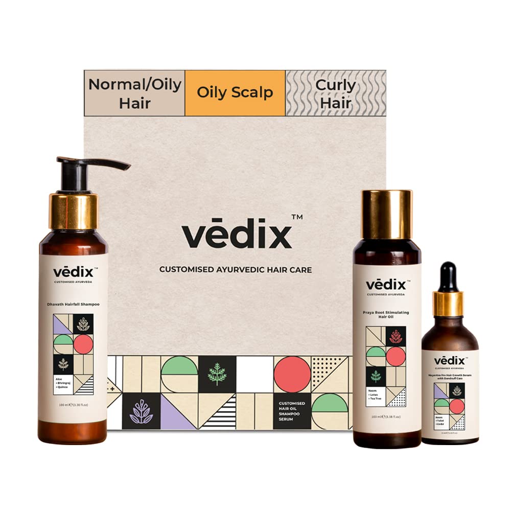 Vedix Customized Hair Fall Control Regimen For Normal/Oily Hair,Scalp&Curly Hair - Ayurvedic Hair Care Regimen - 3 Product Kit - Anti Hair Fall Oil Neem + Lotus&Shampoo + Hair Growth Serum,550 Grams