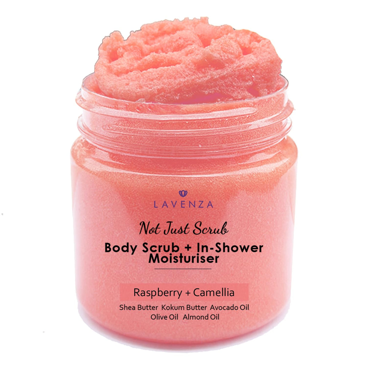 Lavenza Butter Whipped Body Scrub |Natural AHA, NO SILICONES & SULPHATES, Freshly made with Cold pressed Oils & Shea Butter| De-Tans naturally, Deeply Moisturizes, Gently Exfoliates with Camelia Oil | No harsh Chemicals, Safe for Kids, Men & Women, 200 Gm