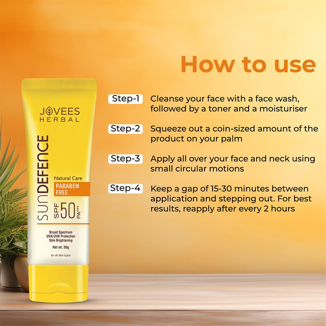 Jovees Herbal Sun Defence Cream SPF 50 PA+++ Broad Spectrum For All Skin | Protection From UVA/UVB & Sun Damaged | Lightweight, Non Greasy & Quick Absorption 50g
