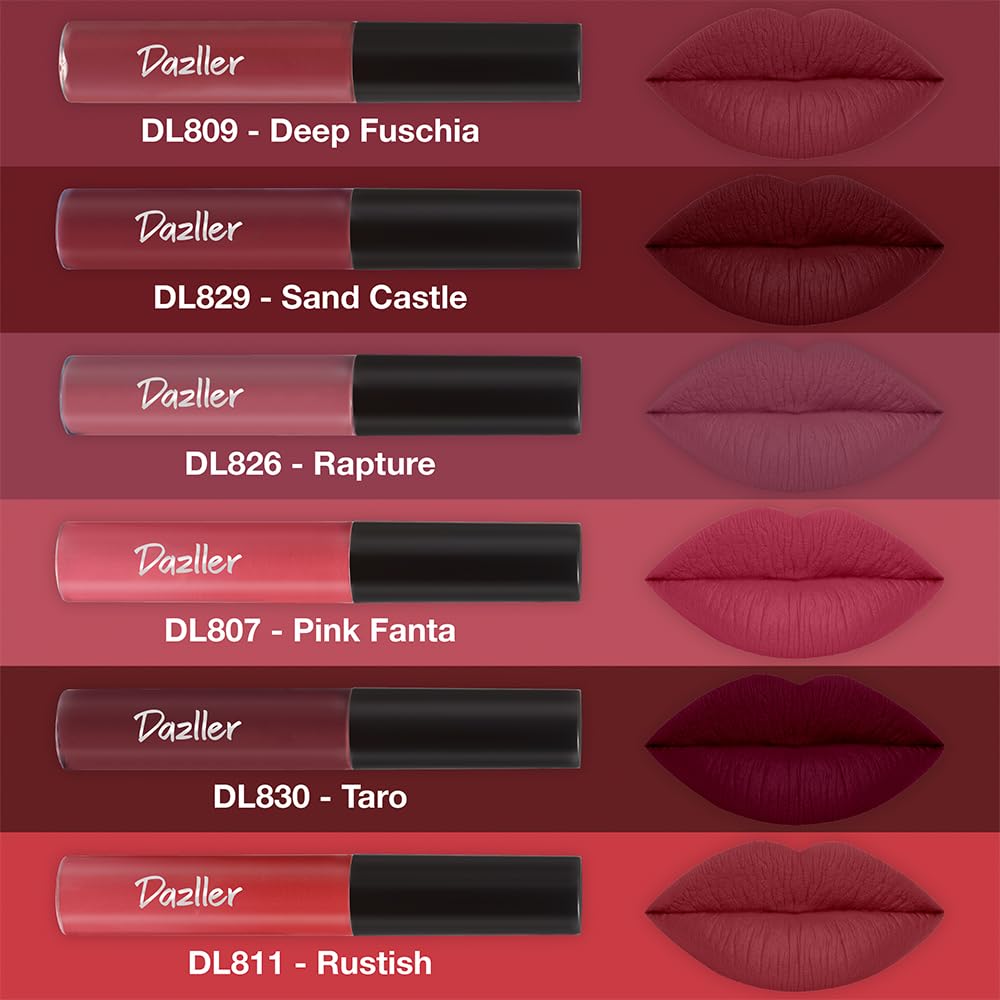 Dazller Lip Colour Lipstick Combo Pack of 6|Vibrant Matte Liquid Lipstick for Women|Long Stay|Smudge-Proof|Non-Transfer|Nude Mood|21.6g