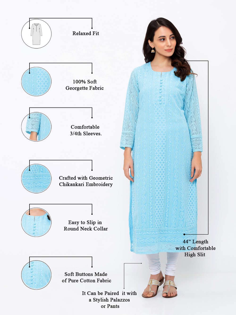 ZOLA Exclusive Georgette Round Neck with Full Sleeves and Calf Length Luckhnowi Chikan Kari Kurta with Button Placket on Yolk Ethnic Wear Straight Kurta for Women Pack of 1