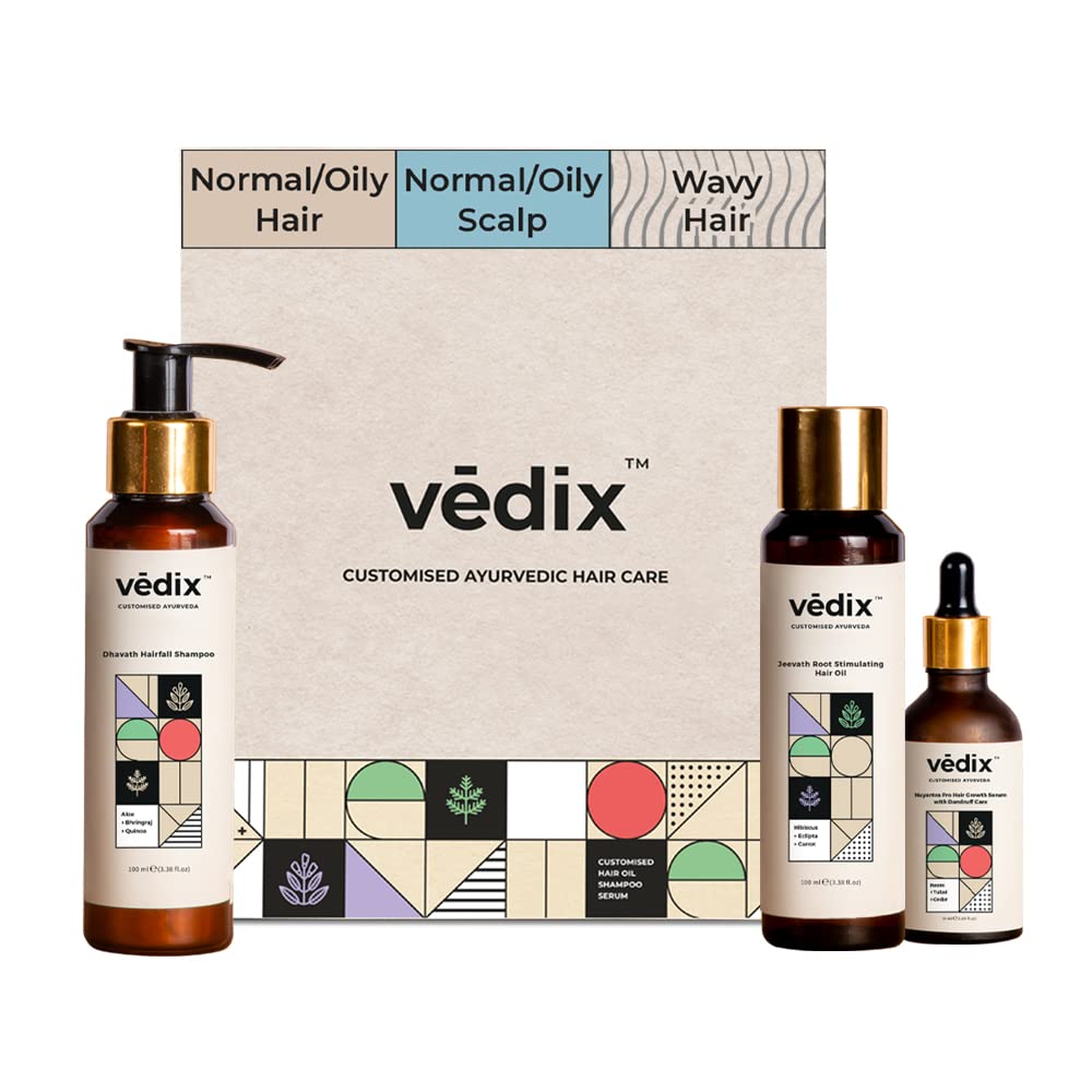 Vedix Ayurvedic Dandruff Control Hair Care Regimen for Normal/Oily Hair-Normal-Oily Scalp&Wavy Hair - 3 Product Customized Hair Care Kit - Anti Hair Fall Oil, Anti-Hairfall Shampoo, Hair Growth Serum