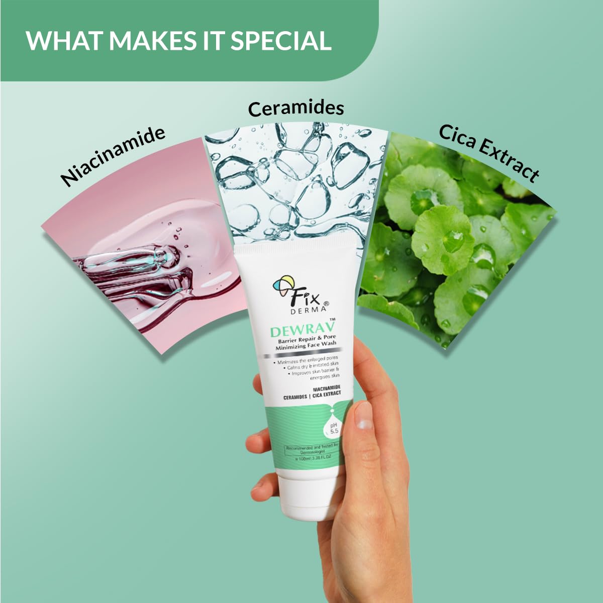 Fixderma Dewrav Barrier Repair & Pore Minimizing with 2% Niacinamide Face Wash | Cica Extract & Ceramide Improves Skin Barrier & Soothes Irritated Skin | For Normal, Dry & Sensitive Skin | 100Ml