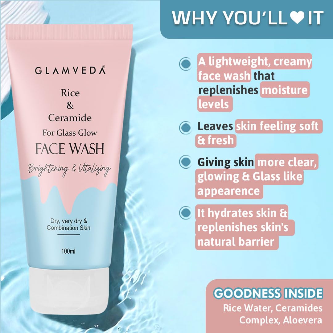 Glamveda Rice & Ceramide Combo Gift Pack | Skin Brightening & Anti Dullness | Face Wash, Facial Kit & Peel Off Mask | SLS, Paraben Free