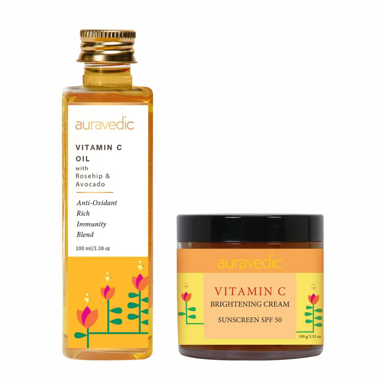 AURAVEDIC Vitamin C Brightening Face Oil with Rosehip and Avocado Vitamin C Cream with SPF 50 Sunscreen Antioxidant & Brightening Skin Treatment Set of 2 ( 100ml + 100gm)