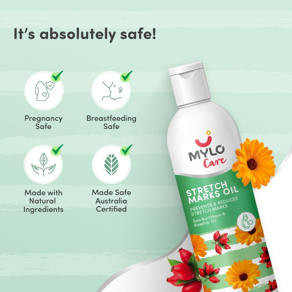 Mylo Care Stretch Marks Oil - with Sea Buckthorn, Rosehip, Argan & Coconut Oil - Vitamin E Oil for Scars & Stretch Mark Lightening - Natural Skin Care Solution for Pregnant Women - 100ml