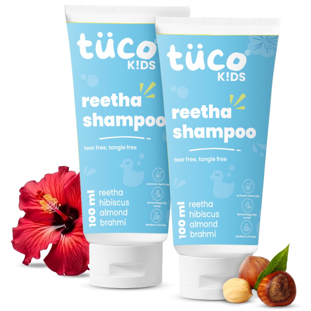 Tuco® Kids Mild Shampoo With Soapnut, Almond, Henna, Pomegranate | Ages 2-5, 4-10, 10-15, 5-10 Years | Paraben, SLS & Sulphate Free | pH 5.5, Vegan & Tear Free | 100 ml (Pack of 2) |