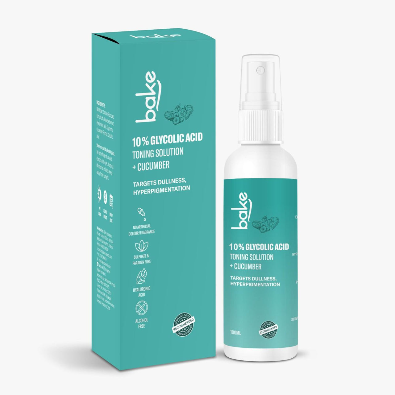 BAKE 10% Glycolic Acid Toner with Hyaluronic Acid | Targets Hyperpigmentation | Pore Tightening Toner for Face & Underarms | For Combination skin, Oily, Acne Prone skin | Alcohol Free Toner | 100ml