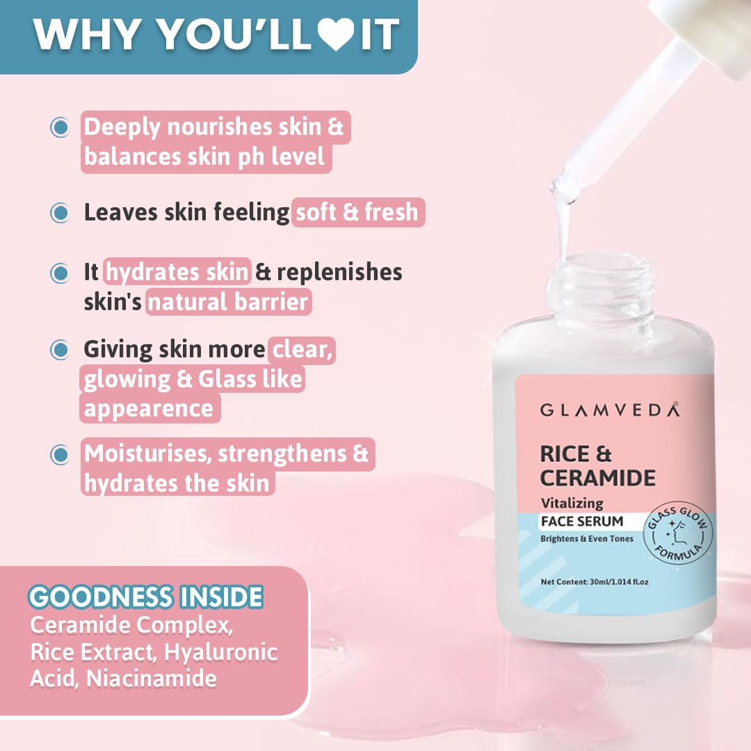 Glamveda Rice & Ceramide 4 Step Daily Skincare Routine Gift Box | Face wash, Serum, Under-eye cream, Moisturizer | For Clear, Glass Korean Skin, Bright & Hydrated Skin