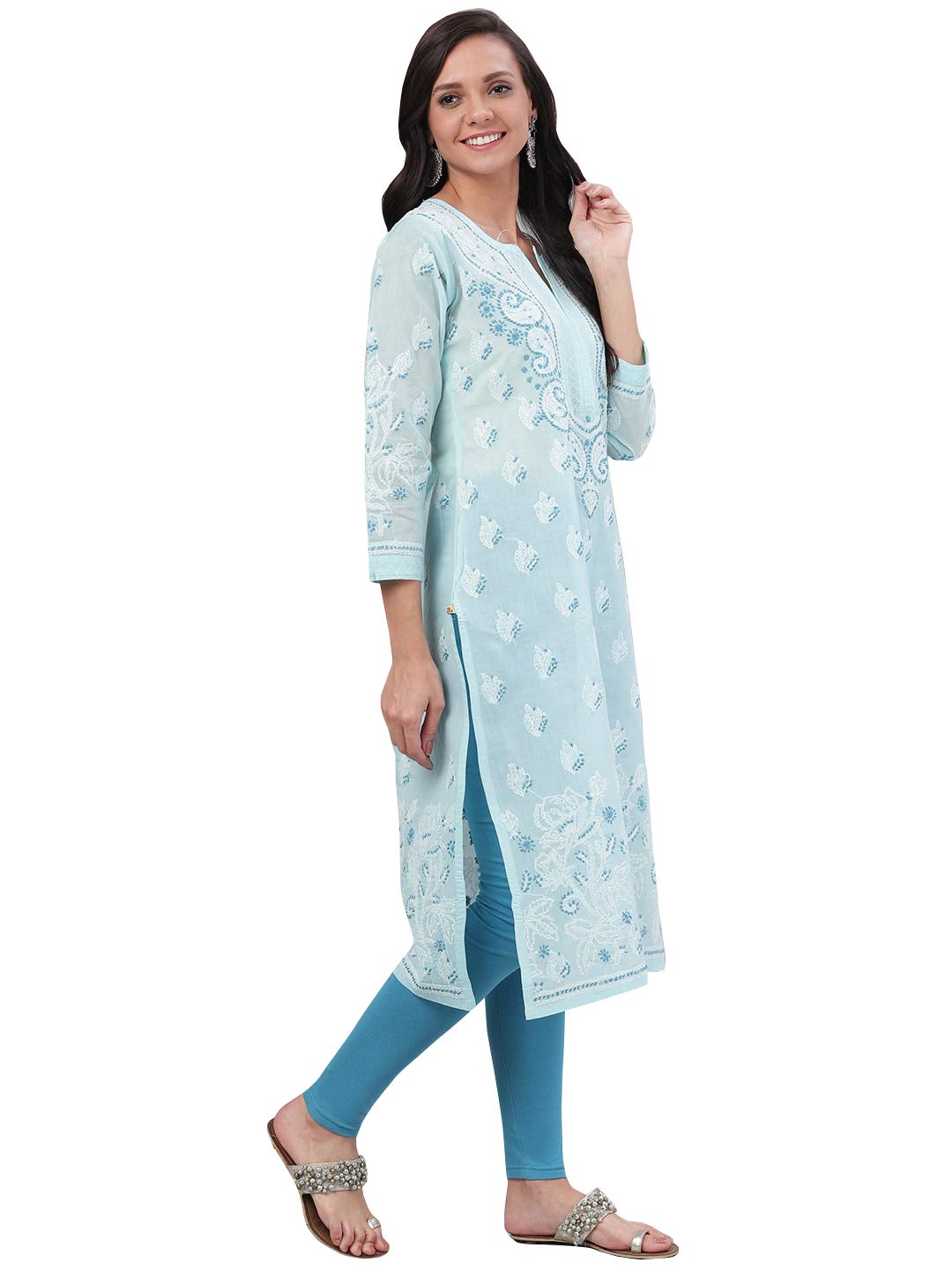 Ada Hand Embroidered Lucknowi Chikankari Straight Cotton Kurti Kurta for Women A220999 White 2XL