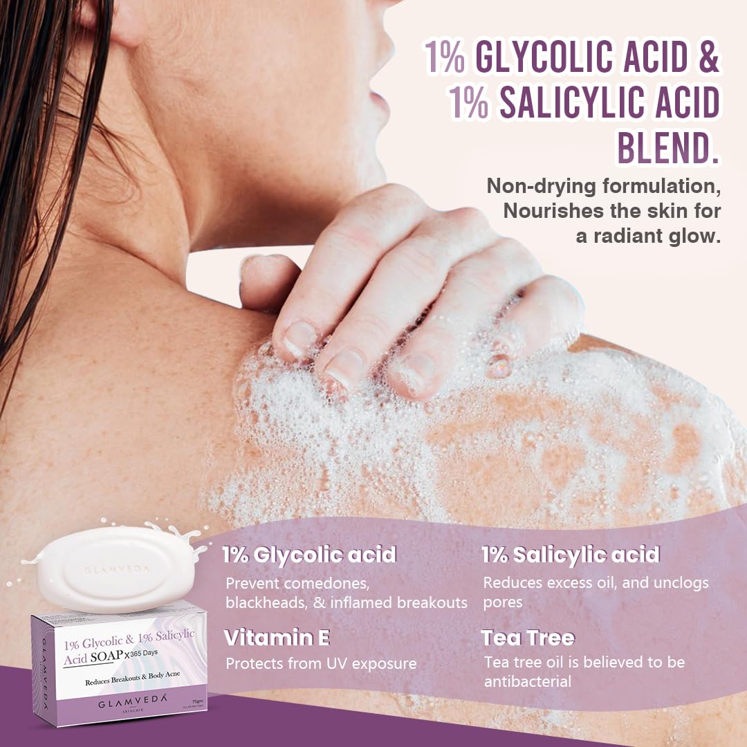 Glamveda Anti Acne 1% ww Glycolic Acid & 1% ww Salicylic Acid Soap | Reduces Dark Spots, Acne Scars & Hyperpigmentation - 75gm Pack of 1
