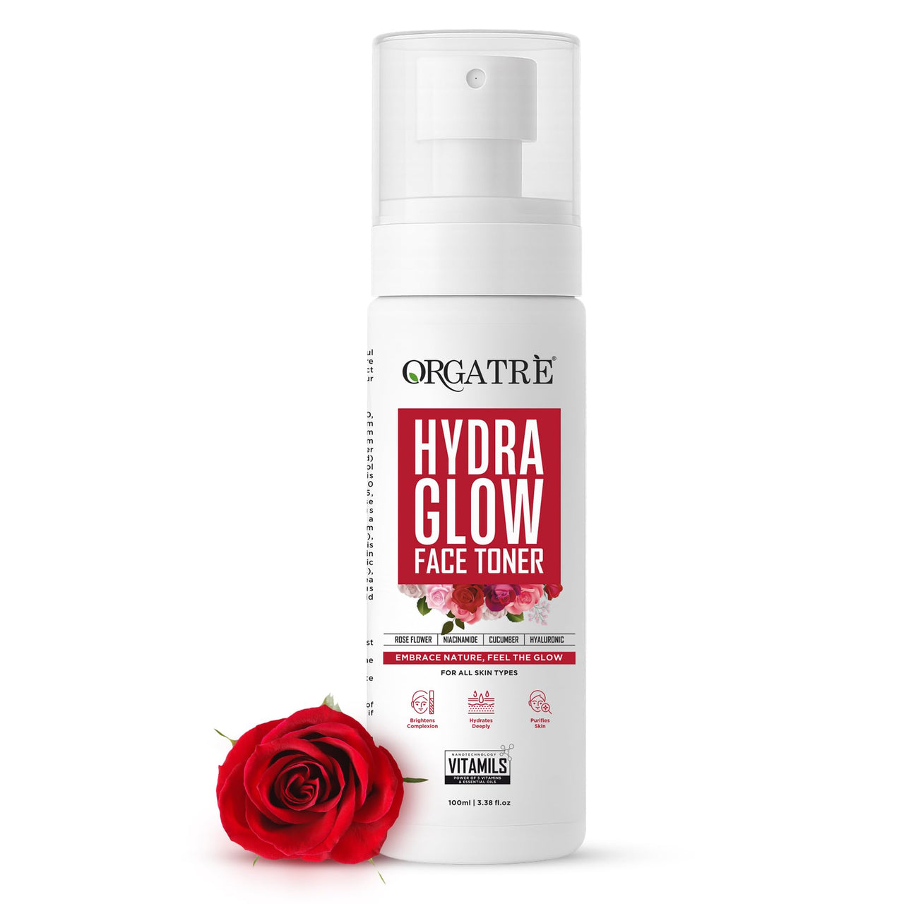 Orgatre Hydra Glow Face Toner for Women | Rose Water Spray with Niacinamide, Cucumber & Hyaluronic Acid | Face Toner for Pores Tightening, Acne-Prone Skin & Glowing Complexion | 100ml