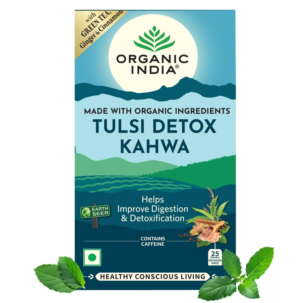 A TATA Product - Organic India Tulsi Detox Kahwa - 25 Tea Bags, Helps Improve Digestion & Detoxification, Rich in Antioxidants, Made with Tulsi, Ginger, Clove, and Green Tea