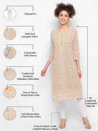 ZOLA Exclusive Georgette Round Neck with Full Sleeves and Calf Length Luckhnowi Chikan Kari Kurta with Button Placket on Yolk Ethnic Wear Straight Kurta for Women Pack of 1