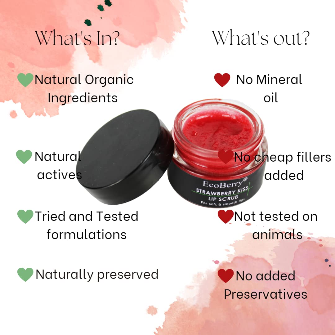 EcoBerry Strawberry Kiss Lip Scrub Lip Scrub For Natural Pink Lips Dry, Chapped Lips, Supple Moisturizing Conditioning, Enriched with Strawberry Extracts, Natural & Handmade, Mineral Oil Free, Paraben Free, Veg