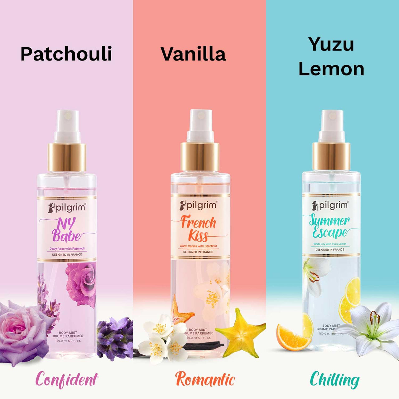 Pilgrim Set The Vibe Body Mist Collection (Vanilla, Patchouli, Lemon) | Body Mist for women long lasting | Body Spray for Women | Perfume Gift set for women | Designed in France | 150 ml