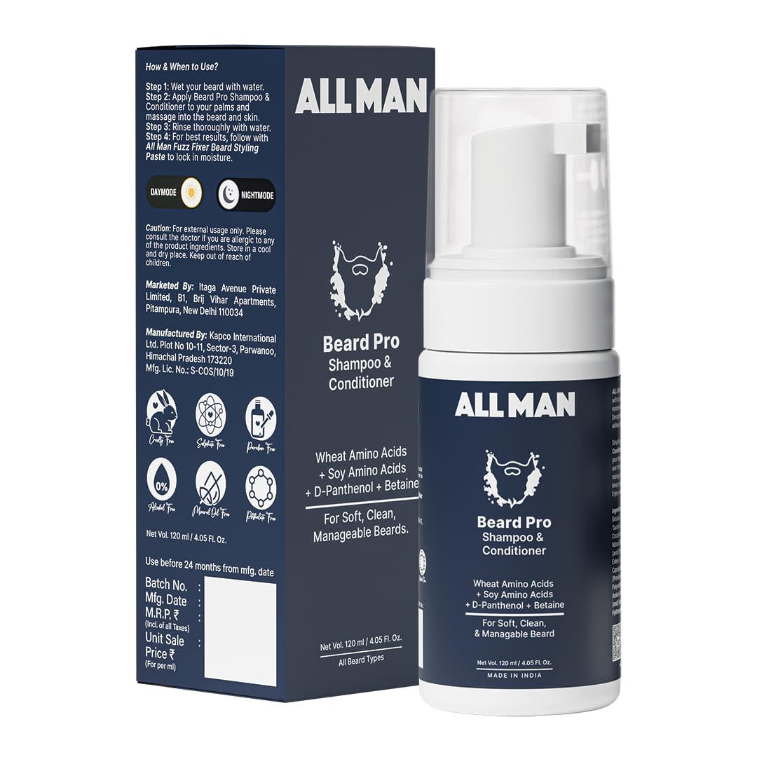 ALL MAN Beard Pro Shampoo & Conditioner, Remove Dirt, Oil, & Product buildup with Deep Hydration with Wheat Amino Acids & Betaine | 100ml