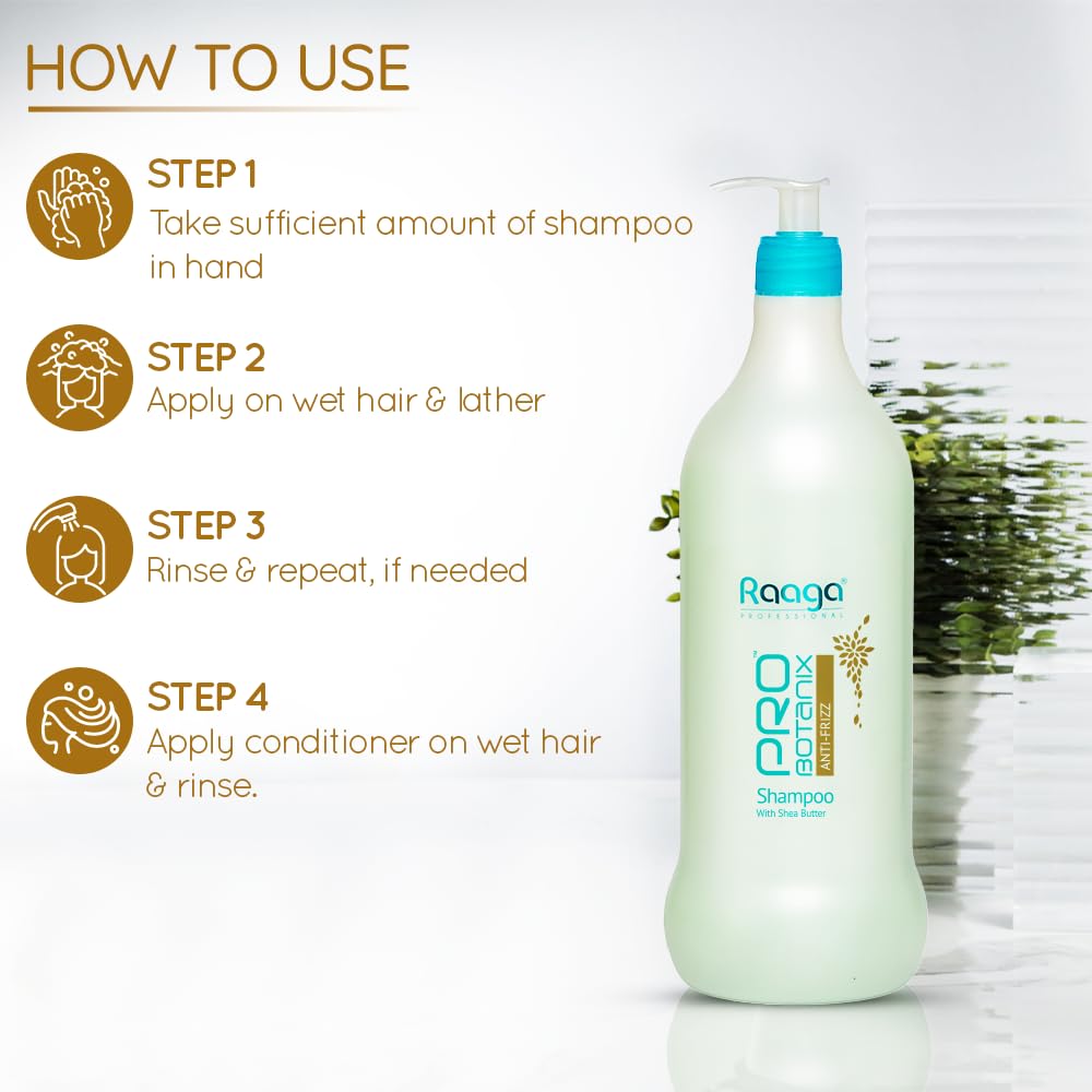 Raaga Professional Pro Botanix Anti-Frizz Shampoo with Shea Butter | Smoothes and Controls Unruly Frizzy Hair, Deep Moisturization | Suitable For Men & Women (1000 ml)