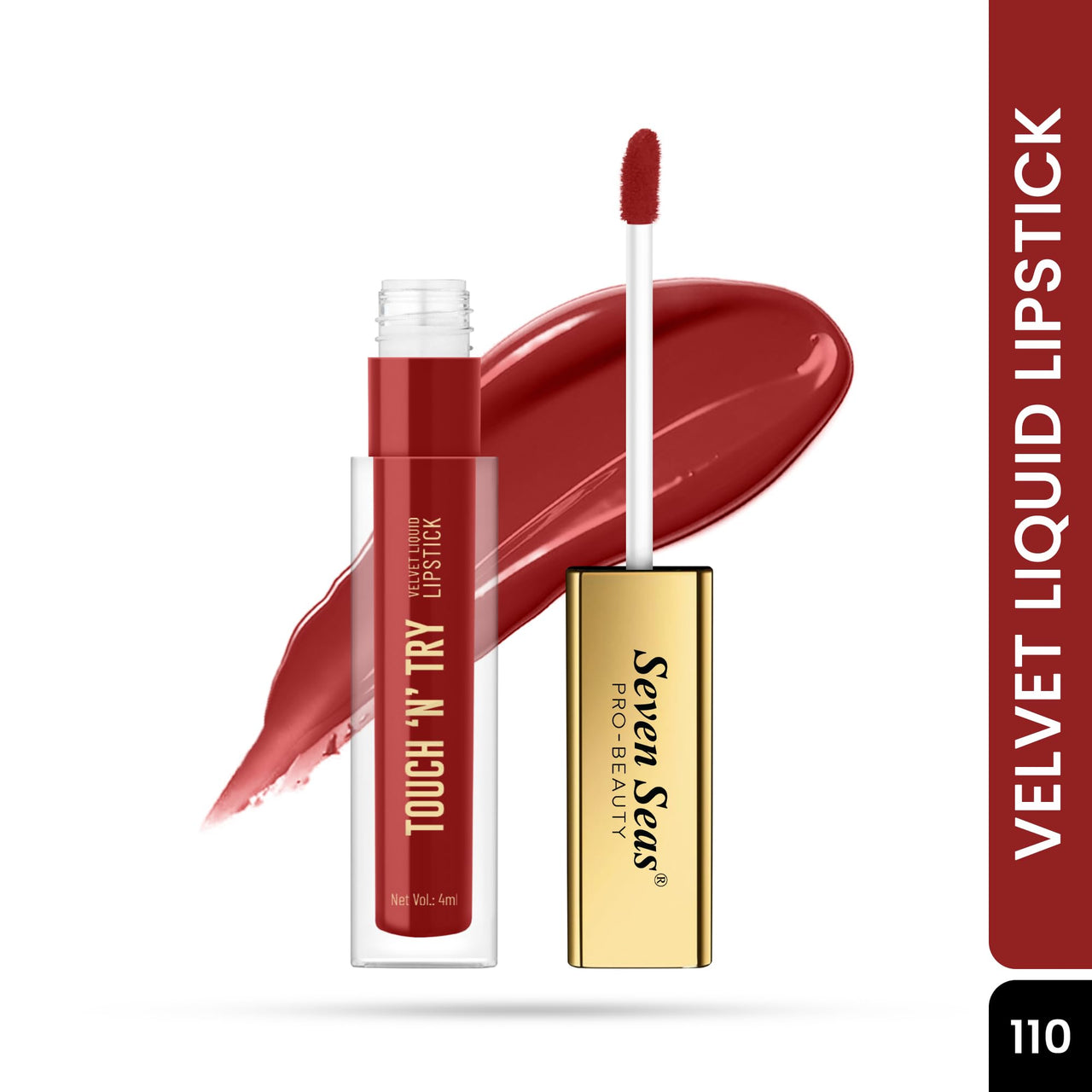 Seven Seas Touch N Try Velvet Liquid Lipstick | Matte Finish | One Swipe Application | Non Transfer | Water Proof | Liquid Lipstick for Women | Long Lasting Stay Up to 8 Hours (10, 4ML)