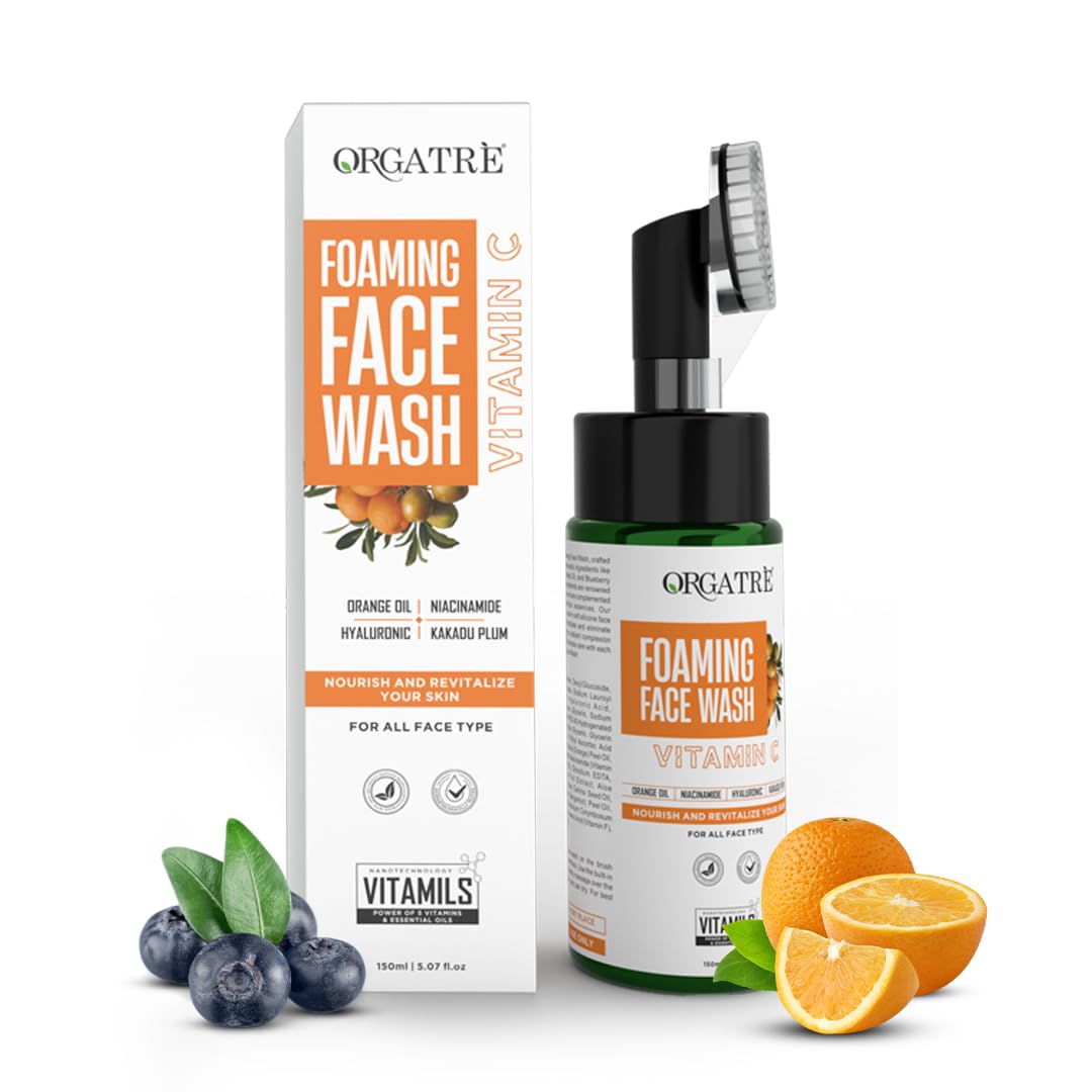 Orgatre Vitamin C Foaming Face Wash with Built-in Silicon Brush For Women & Men| Niacinamide Foaming cleanser for Acne prone Skin | | Vitamin C Face Wash |For Oily and dry Skin | 100 ml