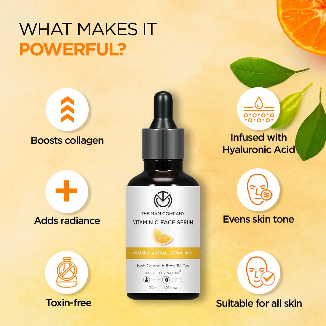 The Man Company 40% Vitamin C Face Serum With Hyaluronic Acid | Boosts Collagen | Glowing & Brightening Skin | Soft, Smooth & Supple | All Skin Types - 30ml