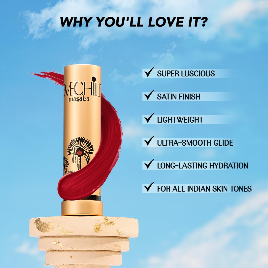 LoveChild Masaba Lush Creme Lipstick (Peach), Moisturizing Satin Finish with Ceramides & Shea Butter, Lightweight, Long-Lasting & Ultra-Smooth, Perfect Shades for Indian Skin Tones, Cotton Fluff 3.5g