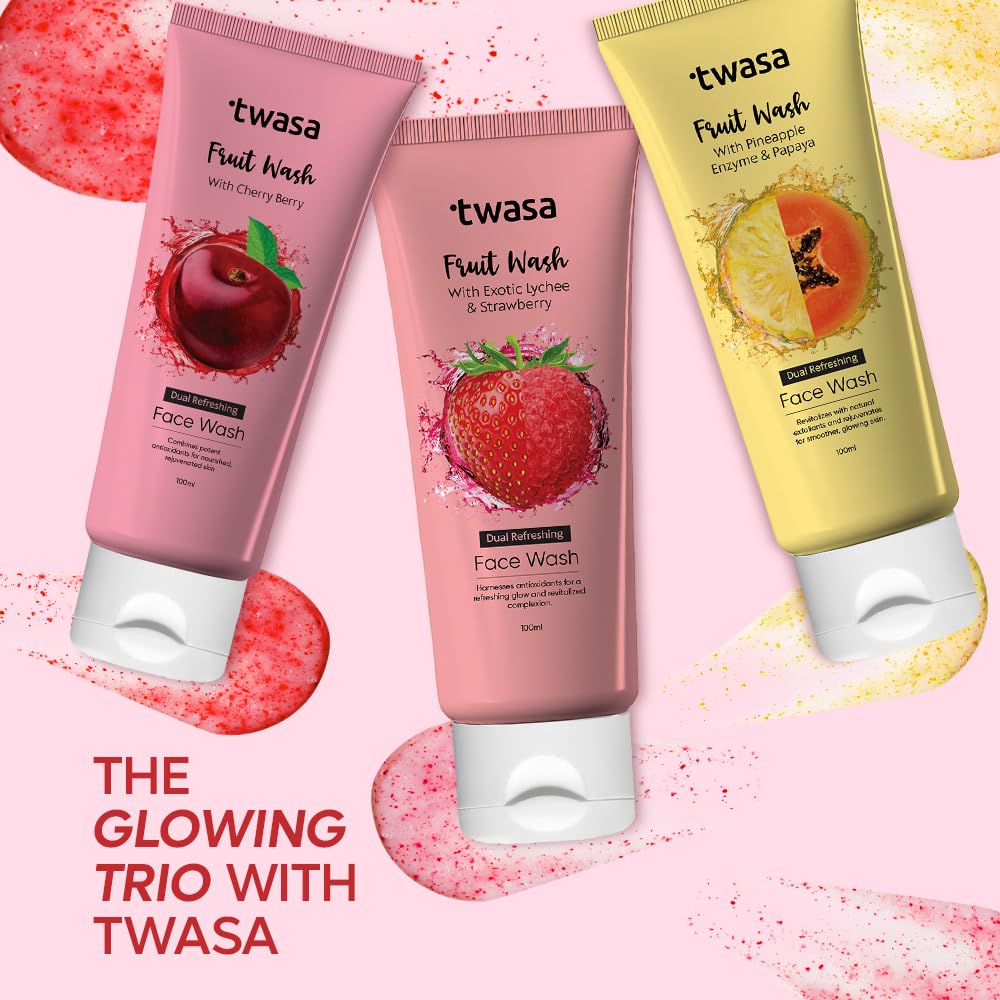 Twasa Dual Refreshing Fruit Face Wash For Instant Glow & Revitalized Complexion with Exotic Lychee & Strawberry | Brightening, Exfoliating & Gentle Skin Hydrating Face Wash - 100 ml