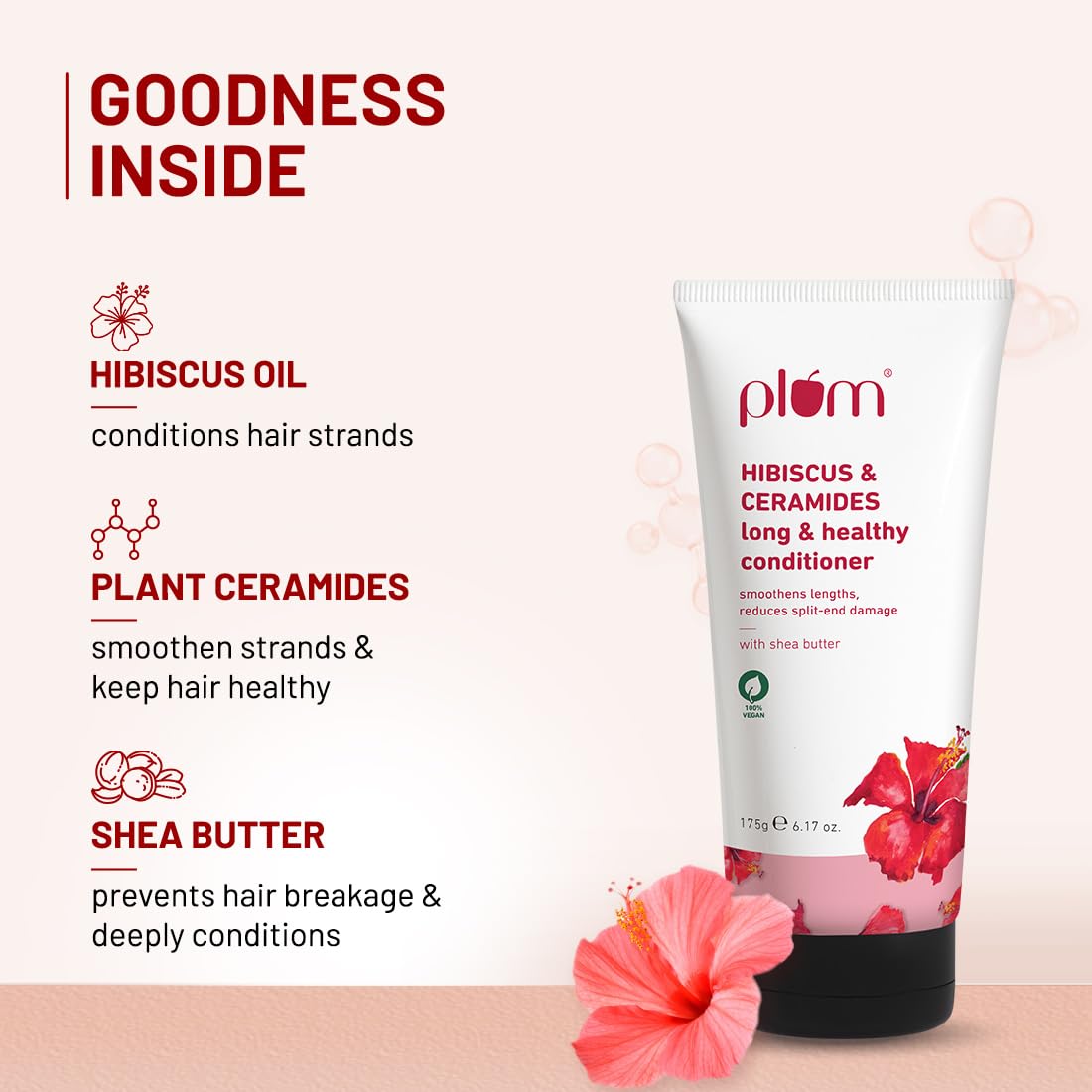 Plum Hibiscus & Ceramides Conditioner | Nourishing Formula with Shea Butter | Smoothens & Strengthens Hair | Prevents Split Ends | 100% Vegan & Cruelty-Free | 175g