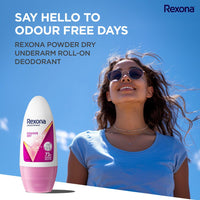 Rexona Powder Dry Underarm Roll On Deodorant For Women, Antiperspirant, Removes Odour, Keeps Skin Fresh & Clean, Alcohol Free, Skin Friendly, 50 ml