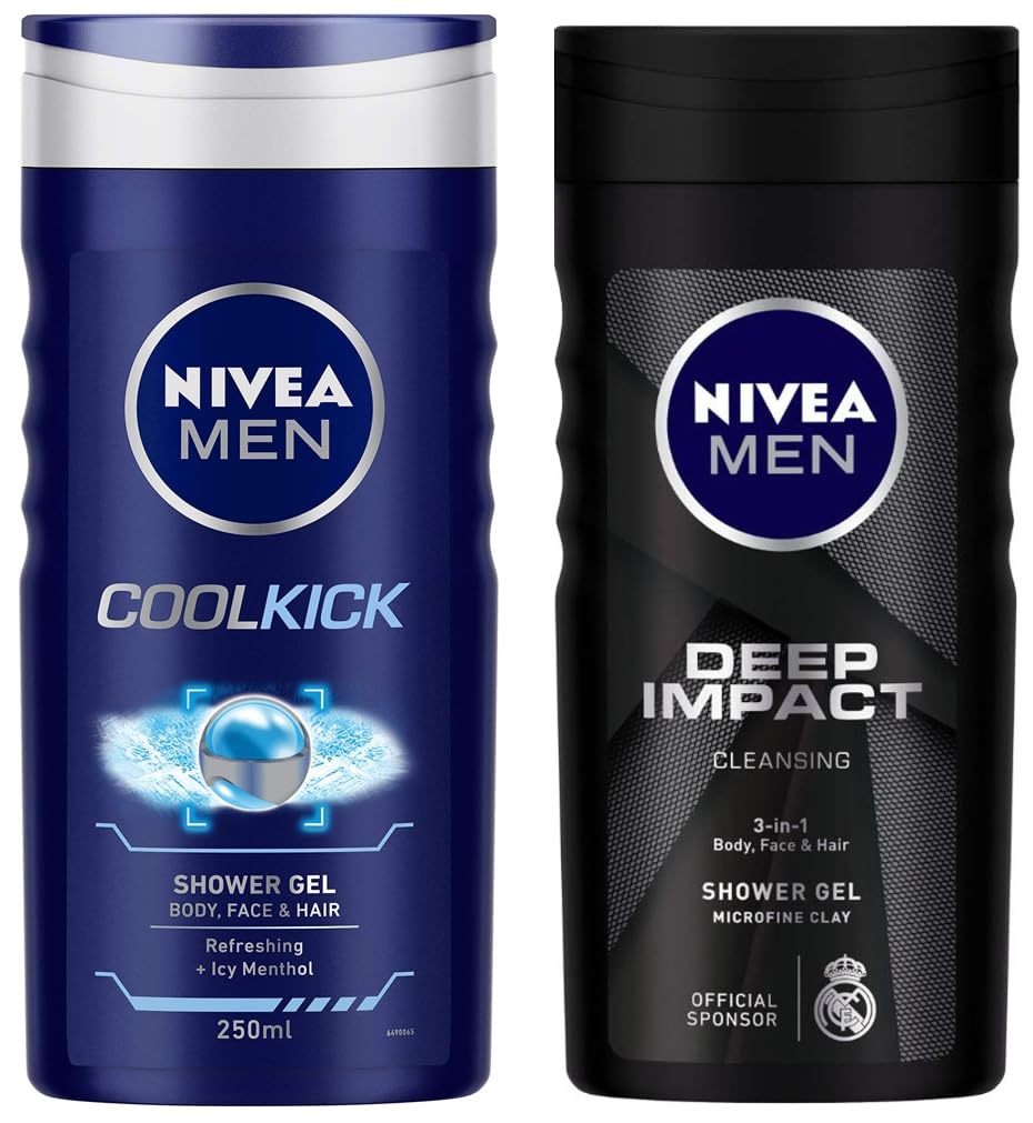 Nivea Men Shower Gel, Deep Impact Cleansing Body Wash, Men, 250ml & Men Shower Gel, Cool Kick Body Wash, 250ml