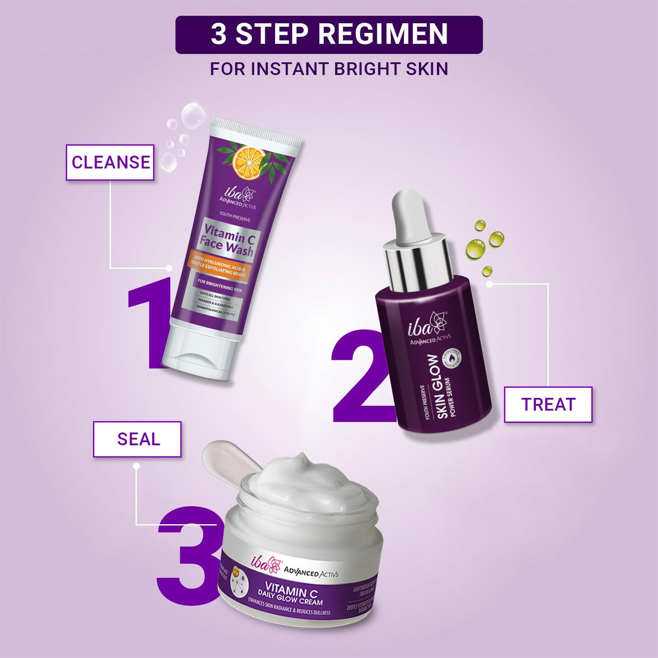 Iba Vitamin C Skin Care Regime Combo for Brighter (Face Wash (100ml) + Skin Glow Power Serum (30ml) + Vitamin C Cream (50g))