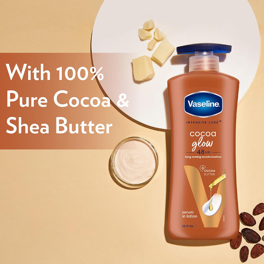 Vaseline Intensive Care, Cocoa Glow Serum-in-Lotion, 600ml, with 100% Pure Cocoa & Shea Butter, 48Hr Long-Lasting Moisturization, Body Lotion for Dry, Rough Skin