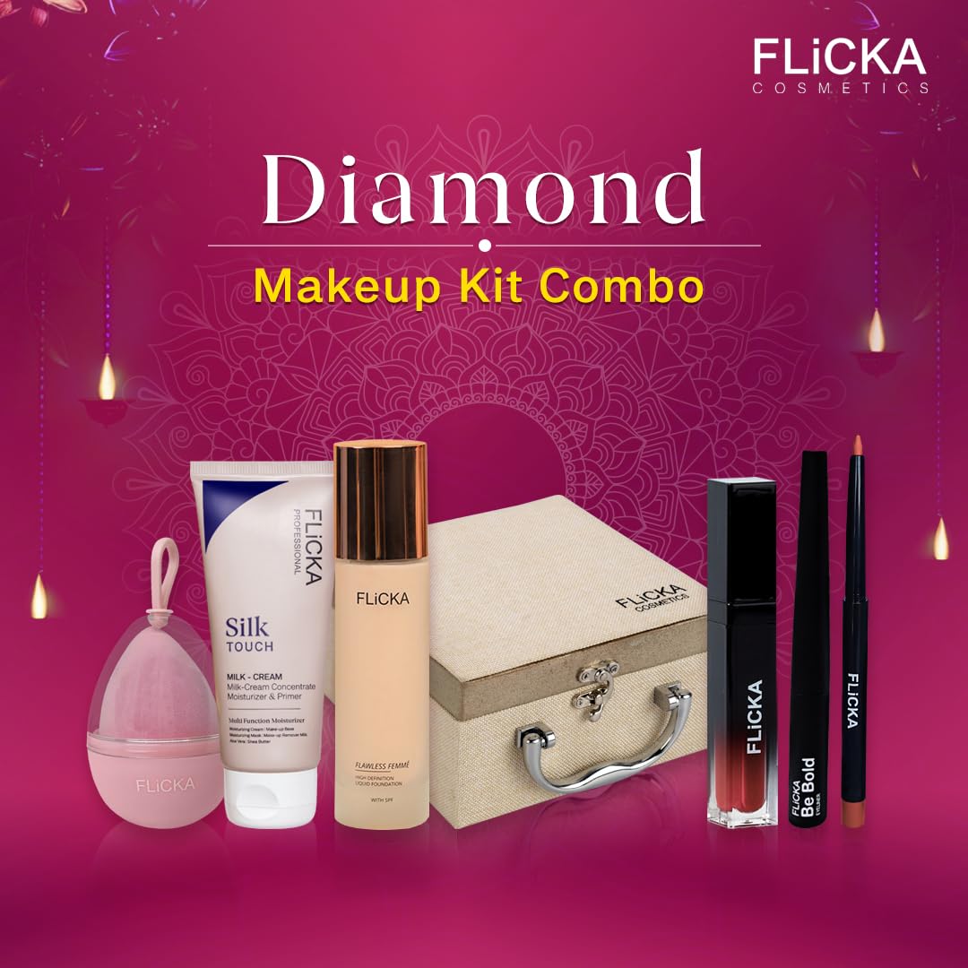 FLiCKA Wedding, Anniversary Gift Makeup Box Combo Pack | 3 in 1 Silk Touch Primer Moisturizer, Flawless Foundation, Beauty Blender, Set & Attack Lipsticks, Be Bold Eyeliner, Lipliner, Vanity Box | Best Gift hamper for Sister, Girlfriend, Wife, Mother
