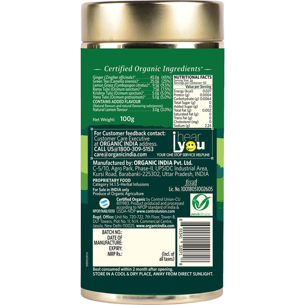 A TATA Product - Organic India Tulsi Green Tea Lemon Ginger - 100g Tin Container, Herbal Blend with Green Tea, Tulsi, Lemon & Ginger, Supports Digestion, Refreshing Taste, Natural Ingredients