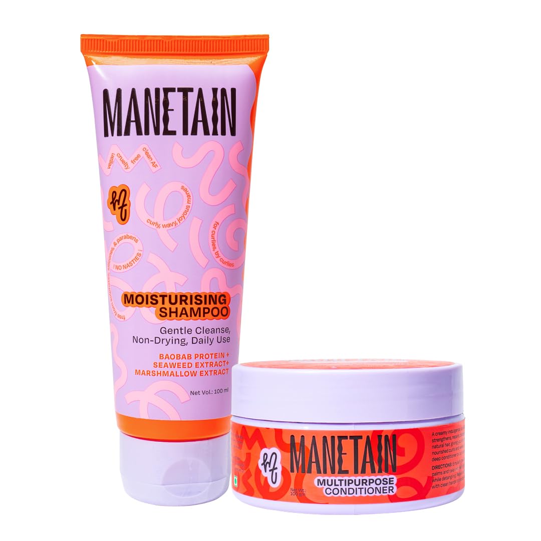 MANETAIN Beginner Basic Bundle | Moisturising Shampoo 100ml & Multipurpose Conditioner 100gm | Protein/Moisture Balanced for Curly, Wavy & Frizzy Hair | Frizz Control, Hydrating, Strengthening, Curl Enhancing | CG Friendly