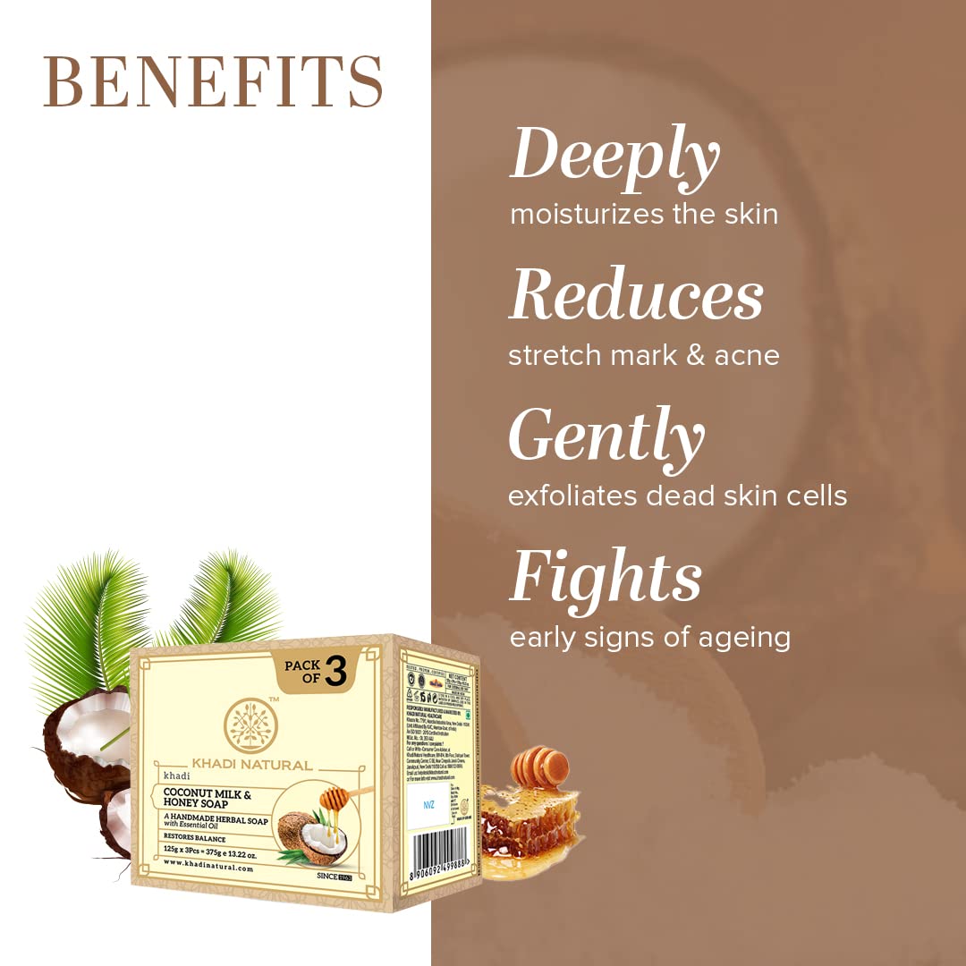 Khadi Natural Herbal Coconut Milk & Honey Soap|Herbal Bathing Soap for Glowing Skin | Natural Soap with Essential Oils | Long Lasting Hydration | Suitable for All Skin Types|Pack of 3 (125 * 3, 375m)