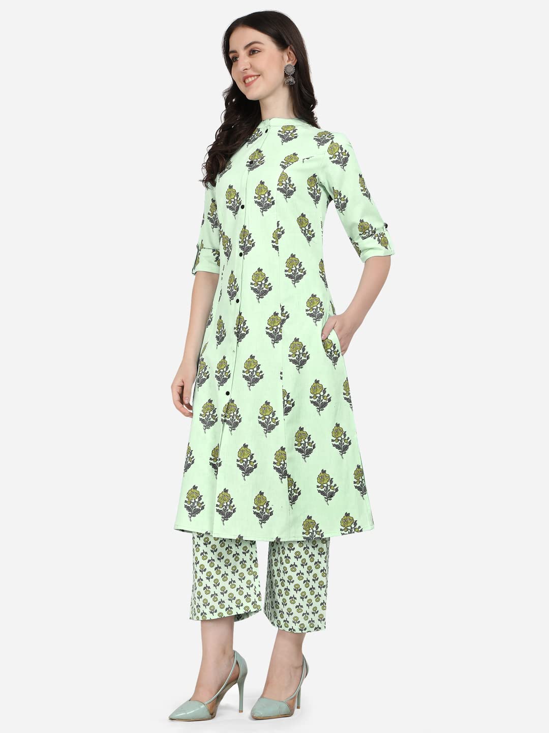 MIRCHI FASHION Women's  Cotton Bagru Printed A-Line Kurta Set with Plazzo Pant L Grey, Pink