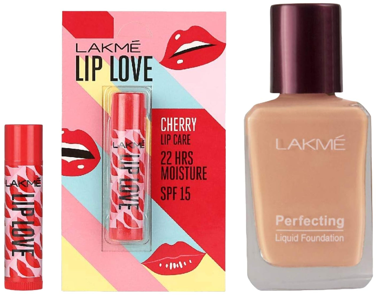 Lakmé Lip Love Chapstick, Spf15, Cherry, 4.5 g And Lakmé Perfecting Liquid Foundation, Marble, 27ml