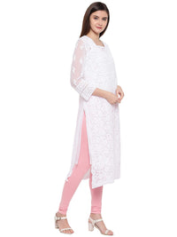 Ada Women's  Handcrafted Traditional Chikan Work Georgette Kurta with Slip A158876 White