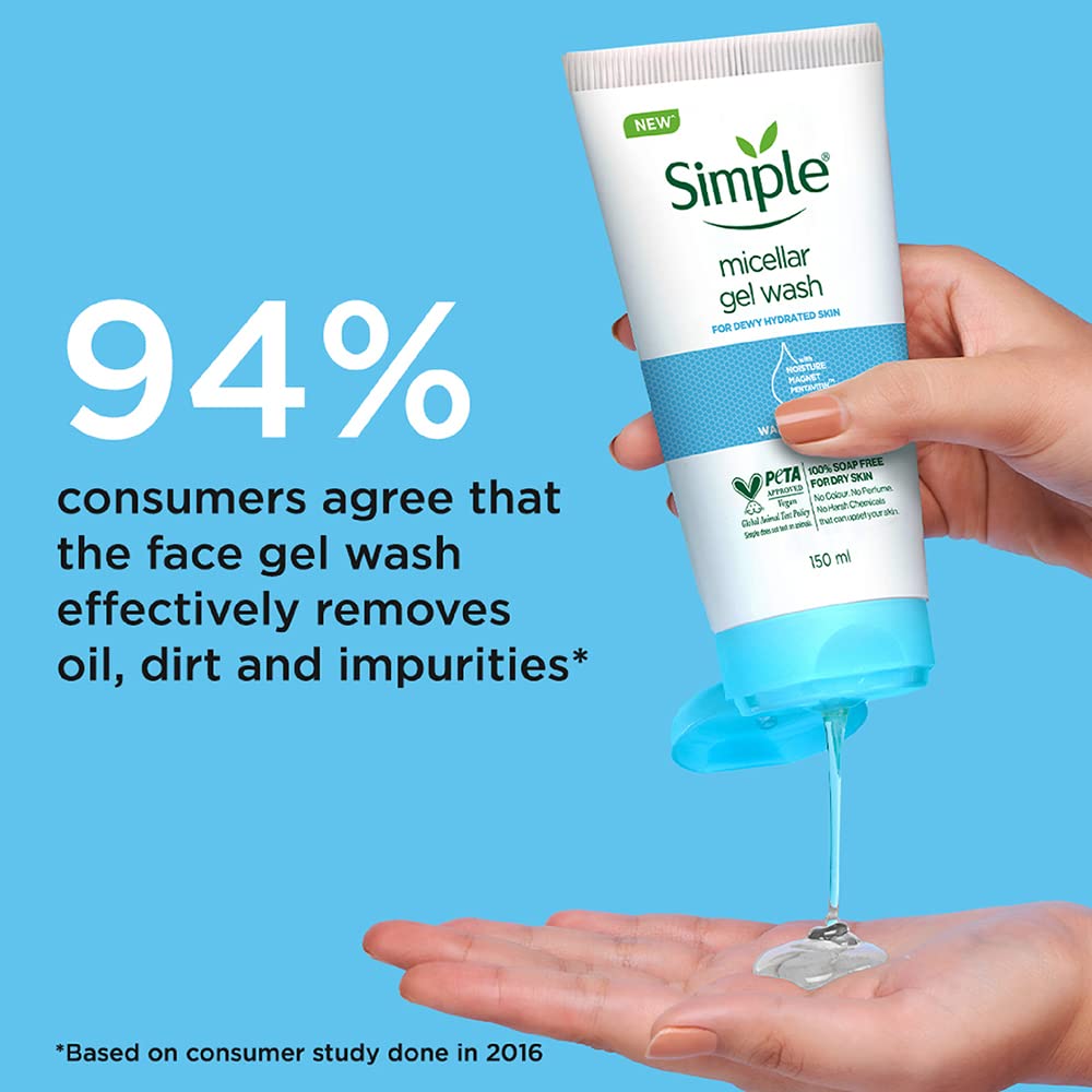 Simple Water Boost Micellar Face Wash 150ml for normal to dry skin | 100% soap-free gentle cleanser for women & men