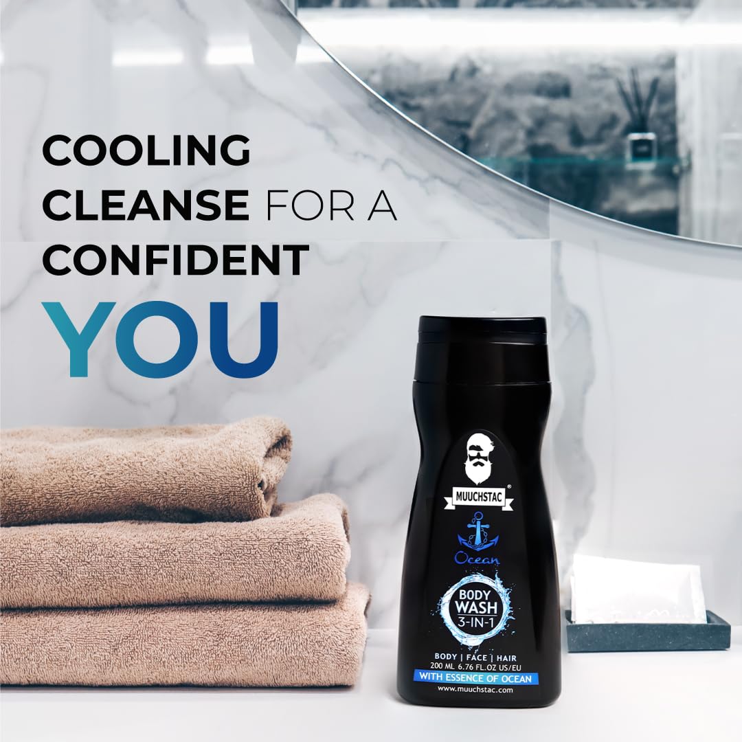 Muuchstac Ocean 3-in-1 Body Wash for Men | Clear Skin, Controls Sweat, Fights Body Acne & Bad Odour, Shower Gel for Long-Lasting Fresh | 182 ml