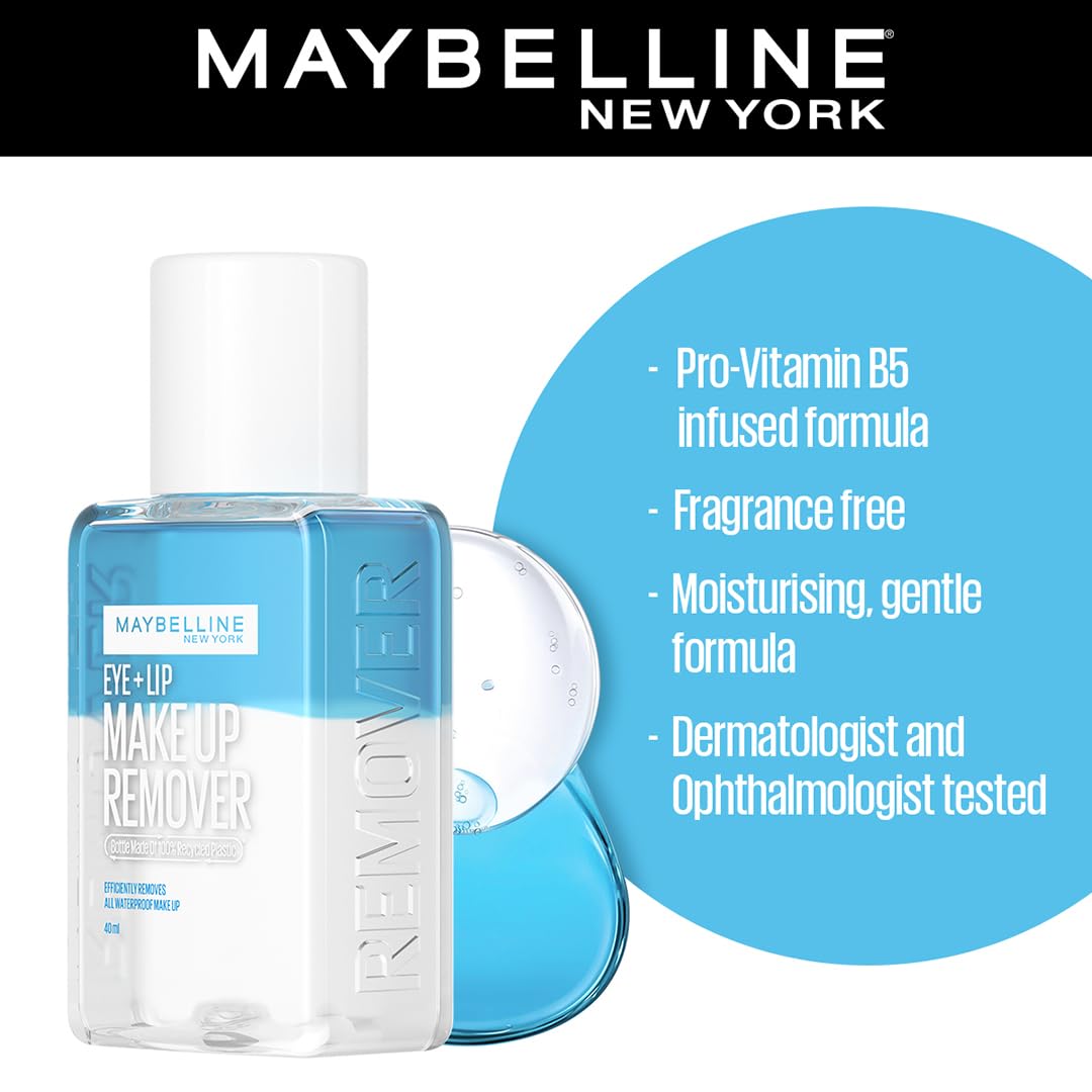 Maybelline New York Eye + Lip Makeup Remover, Bi-phase, Efficiently removes waterproof makeup, 40ml